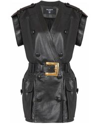 Balmain - Kurzes Kleid Aus Lammleder Mit Gürtel - Lyst