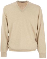 Brunello Cucinelli - Maglione in cashmere con scollo a v e bordi a contrasto - Lyst