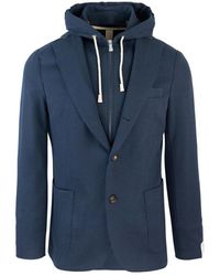 Eleventy - Jassen ,Blauw ,Katoen Hooded Jacket Met Verstelbaar Trekkoord - Lyst