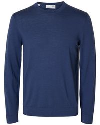 SELECTED - Truien & Vesten ,Blauw ,Wol Merino Crew Neck Gebreide Trui - Lyst
