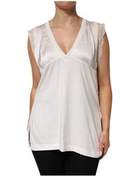 Pinko - Tops ,Wit ,Witte Kant Trim Mouwloze V-Hals Top - Lyst