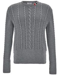 Thom Browne - Grauer cable knit pullover mit rwb streifen-detail - Lyst