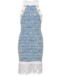 Balmain - Gefranjde Denim Tweed Jurk - Lyst