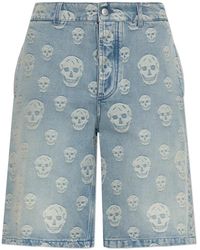 McQueen - Korte Broeken ,Blauw ,Denim Denim Shorts Met Een Monogram - Lyst