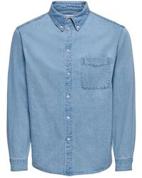 Only & Sons - Overhemden ,Blauw ,Katoen Klassiek Overhemd Met Lange Mouwen, Ronde Hals En Enkele Zak - Lyst