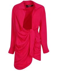 Jacquemus - Kleedjes ,Roze ,Roze Jurk Met V-Hals En Gedrapeerd Ontwerp - Lyst