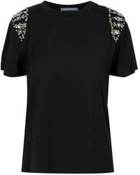 Alberta Ferretti - Tops ,Zwart ,Katoen Zwart Crew-Neck Katoenen T-Shirt Met Schouderapplicaties - Lyst