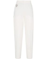 Brunello Cucinelli - Broeken ,Wit ,Katoen Witte Tailored Broek Met Logo Patch - Lyst