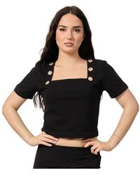 Gaelle Paris - Schwarzes Cropped T-Shirt Mit Frontknöpfen - Lyst