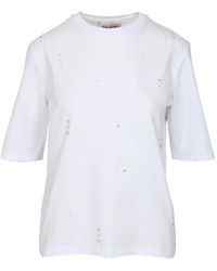 Semicouture - Tops ,Wit ,Katoen T-Shirt Met Ronde Hals En Kristallen - Lyst