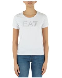 EA7 - T-shirt in cotone stretch con logo in strass - Lyst