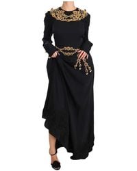 Dolce & Gabbana - Schwarzes Seidenstretch-Kleid mit goldenen Kristallen - Lyst