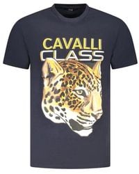 Roberto Cavalli - Tops ,Blauw ,Katoen T-Shirt Met Print Van Katoen Met Ronde Hals - Lyst