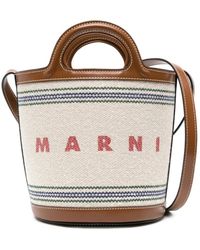 Marni - Lederhandtasche mit kontraststreifen,beige canvas-tasche mit besticktem logo und streifen-detail - Lyst