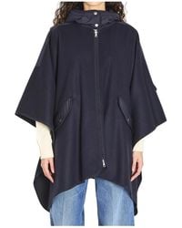 Moncler - Jassen ,Blauw ,Wol Cape Met Capuchon En Ritssluiting Van Wol - Lyst