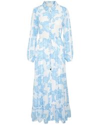 Cream - Blauwe Paisley Jurk Met Pofmouwen - Lyst