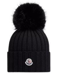Moncler - Schwarze Woll Pom Pom Beanie Mütze - Lyst