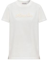 Moncler - Tops ,Wit ,Katoen T-Shirt Met Geborduurd Logo - Lyst
