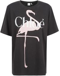 Chloé - Tops ,Zwart ,Katoen Royaal T-Shirt Met Ronde Hals - Lyst