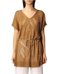 Twinset - Tops ,Bruin ,Lurex Maxi Trui Met Open Structuur - Lyst
