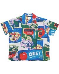 Obey - Overhemden ,Veelkleurig ,Zwart Multi Geweven Korte Mouw Overhemd - Lyst