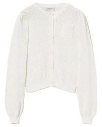 Twinset - Truien & Vesten ,Wit ,Katoen Diagonaal Gebreide Vest Met Gehaakte Knopen - Lyst