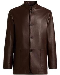 Kiton - Jassen ,Bruin ,Leer Lamsleren Mandarin Kraag Jas - Lyst