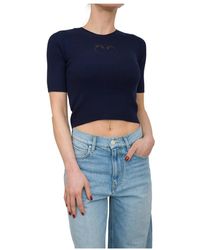 Pinko - Truien & Vesten ,Blauw ,Katoen Blauwe Gebreide Top - Lyst
