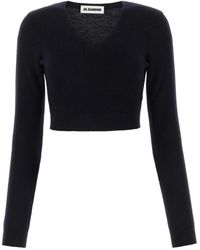Jil Sander - Truien & Vesten ,Blauw ,Geribbelde Gebreide Trui Met Ronde Hals - Lyst