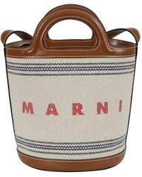 Marni - Tropicalia mini bucket taschen,beige canvas-tasche mit besticktem logo und streifen-detail - Lyst