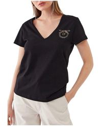 Pinko - Schwarzes v-ausschnitt t-shirt mit glänzendem logo - Lyst