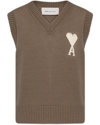Ami Paris - Truien & Vesten ,Bruin ,Katoen V-Neck Vest - Lyst