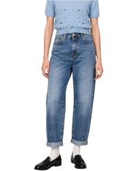 Kocca - Jeans ,Blauw ,Leer Jeans Met Hoge Taille, Wijde Pijpen En Vervaagde Wassing - Lyst