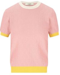 Fendi - Truien & Vesten ,Roze ,Katoen Ff Motif Trui Met Korte Mouwen - Lyst