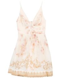 Zimmermann - Blumendruck V-Ausschnitt Kleid Mit Raffiabesatz - Lyst