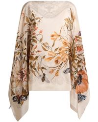 Etro - Jassen ,Veelkleurig ,Poncho Met Bloemenprint En Paisley-Detail Van Zijde - Lyst