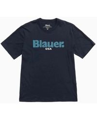 Blauer - Tops ,Blauw ,Katoen Blauw Maxi Logo T-Shirt - Lyst