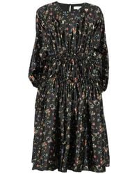 Stine Goya - Zwarte Bloemenprint Gerimpelde Taille Jurk - Lyst