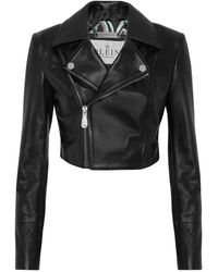 Philipp Plein - Jassen ,Zwart ,Leer Cropped Leather Biker Jacket Ls Flame Racing - Lyst