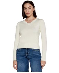 Guess - Truien & Vesten ,Wit ,Elastische Gebreide Trui Met V-Hals - Lyst