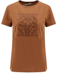 Max Mara - Tops ,Bruin ,Katoen T-Shirt Met Korte Mouwen, Ribgebreide Ronde Hals En Strasslogo - Lyst