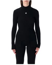 Courreges - Truien & Vesten ,Zwart ,Leer Gebreide Trui Met Mock Hals - Lyst
