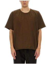 Uma Wang - Tops ,Bruin ,Katoen Relaxed Fit T-Shirt Met Ronde Hals En Ruwe Randafwerking - Lyst