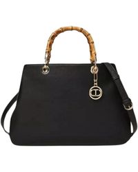 Twinset - Tassen ,Zwart ,Bamboe Zwarte Shopper Tas Met Bamboe Handvatten - Lyst