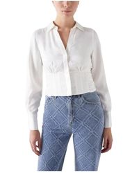 Salsa Jeans - Overhemden ,Wit ,Satijn Witte Satijnen Shirt V-Hals Korset - Lyst