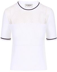 Iceberg - Truien & Vesten ,Wit ,Katoen Katoenen Sweater Met Ronde Hals, Strepen En Open Bewerking - Lyst