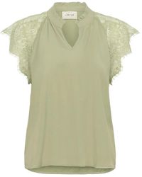 Cream - Overhemden ,Groen ,Nylon Kanten Blouse Met V-Hals En Kanten Mouwen - Lyst