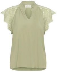 Cream - Overhemden ,Groen ,Nylon Kanten Blouse Met V-Hals En Kanten Mouwen - Lyst