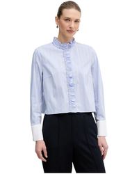 Ouí - Overhemden ,Blauw ,Katoen Gestreepte Blouse Met Ruches - Lyst