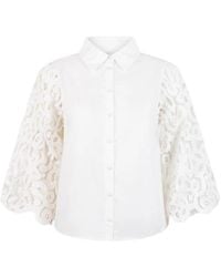 Jansen Amsterdam - Overhemden ,Wit ,Denim Elegante Witte Blouse Met Kanten Mouwen - Lyst